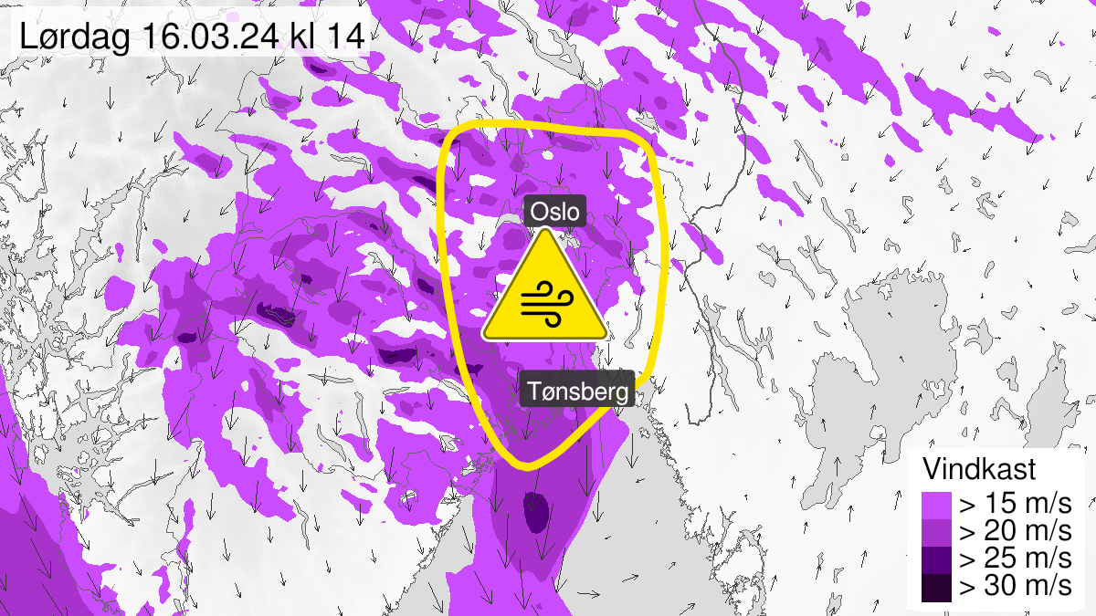 Kart over Kraftige vindkast pågår, gult nivå, Sør på Østlandet, 2024-03-16T08:22:00+00:00, 2024-03-16T15:00:00+00:00