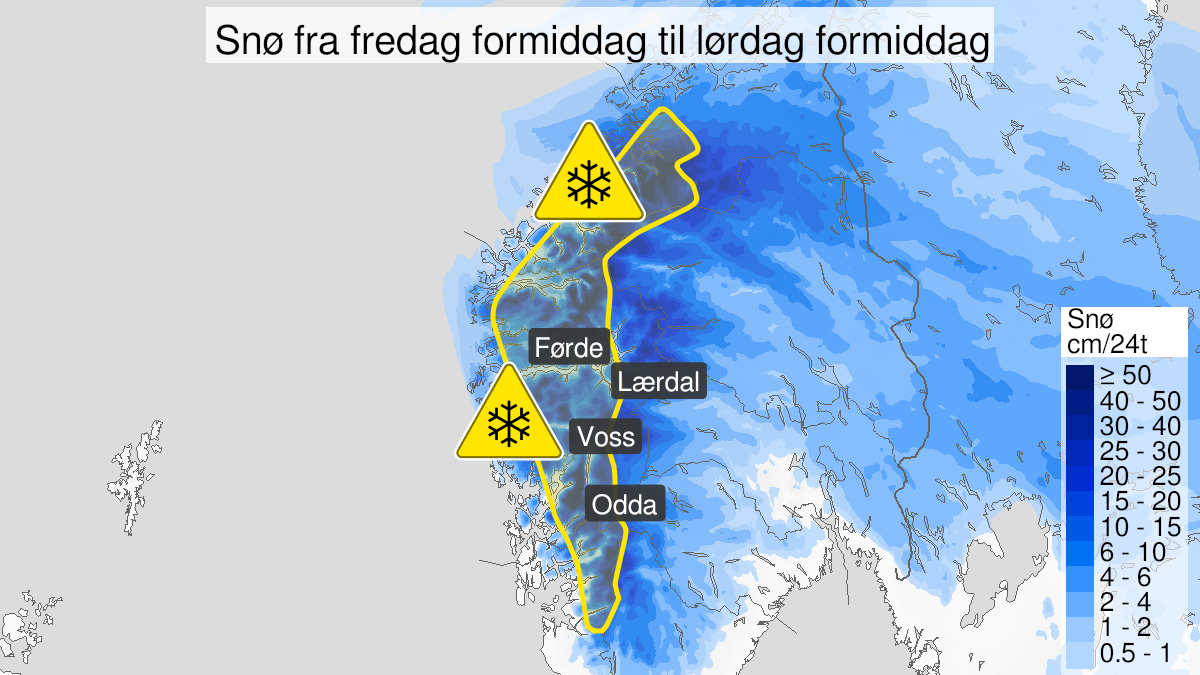 Kart over Snø, gult nivå, Fjellet på Vestlandet, 2023-02-10T10:00:00+00:00, 2023-02-11T06:00:00+00:00