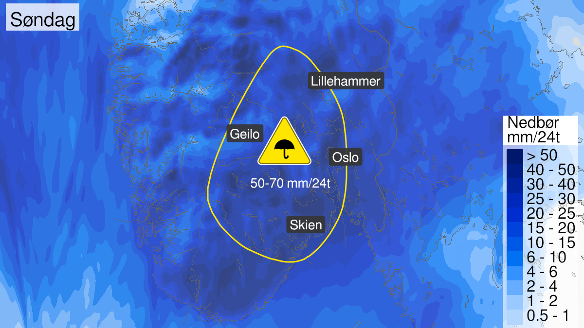 Kart over mye regn, gult nivå, Oppland, Akershus, Oslo, Buskerud, Vestfold og Telemark, 03 October 00:00 UTC til 04 October 00:00 UTC.