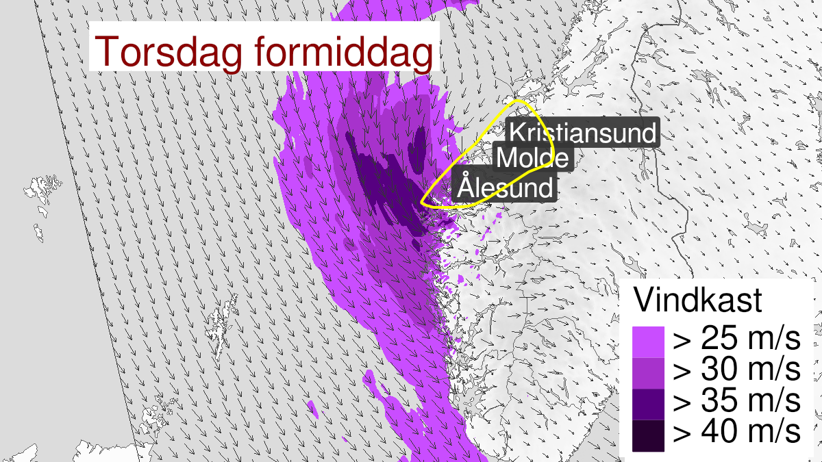 Map of strong wind gusts ongoing, yellow level, Møre og Romsdal, 19 November 08:00 UTC to 19 November 15:00 UTC.