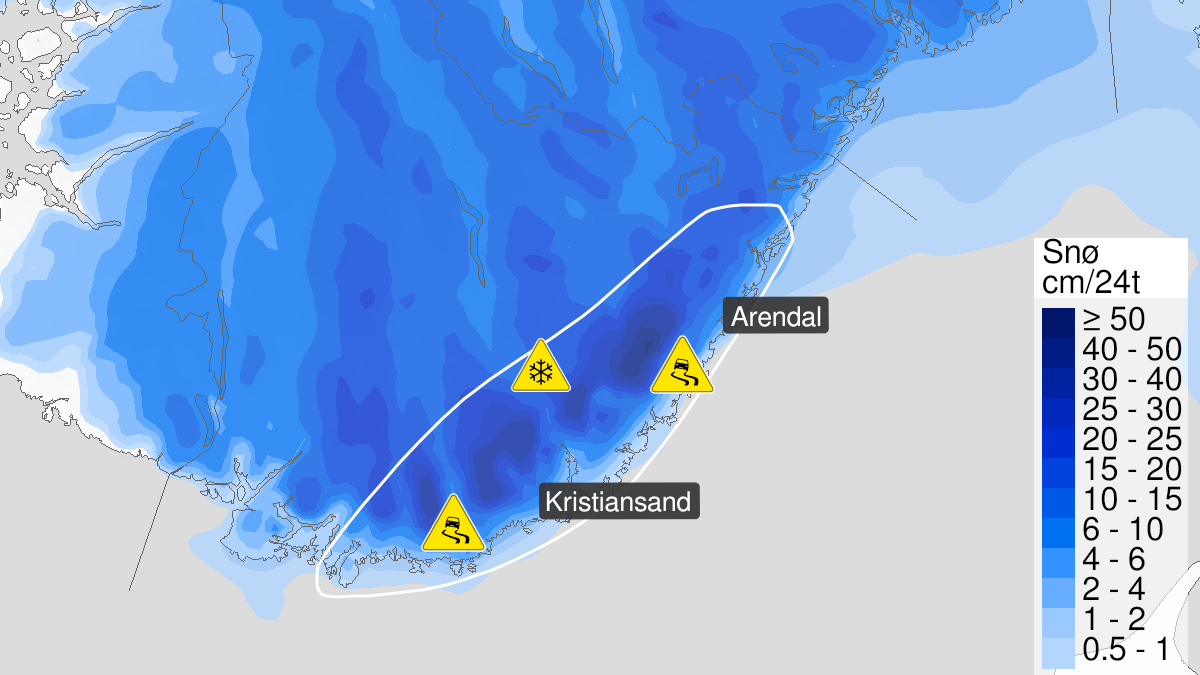 Kart over Snø, gult nivå, Ytre deler av Agder, 2023-12-08T05:00:00+00:00, 2023-12-11T08:00:00+00:00
