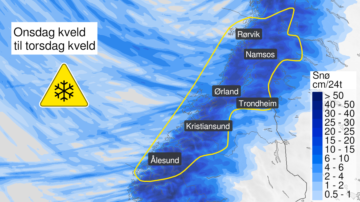 Kart over snø, gult nivå, Møre og Romsdal og Trøndelag, 09 February 19:00 UTC til 10 February 23:00 UTC.