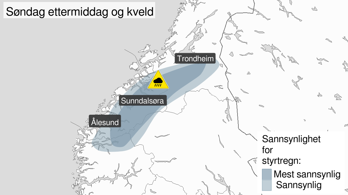 Kart over Styrtregn, gult nivå, Deler av Møre og Romsdal, Trøndelag og Nordfjord, 2023-07-30T11:00:00+00:00, 2023-07-30T20:01:00+00:00