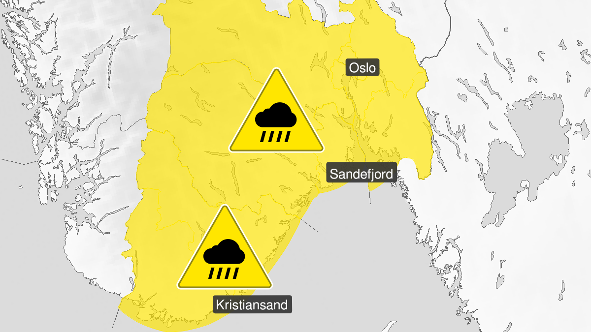 Kart over styrtregn, gult nivå, Østfold, Oslo, Akershus, Buskerud og Vestfold, 21 August 07:00 UTC til 21 August 18:00 UTC.
