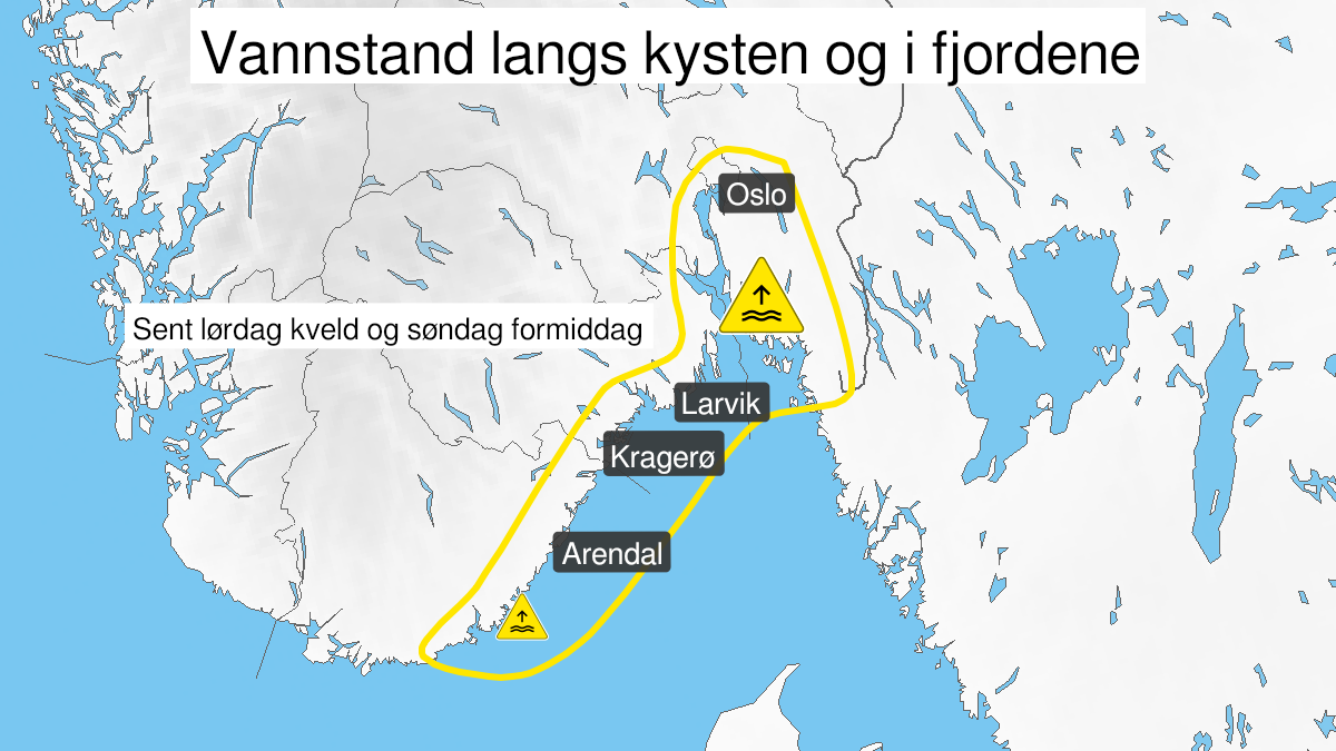 Kart over høy vannstand, gult nivå, Agder, Telemark og Buskerud, Vestfold, Østfold og Oslo, 21 November 22:00 UTC til 22 November 12:00 UTC.