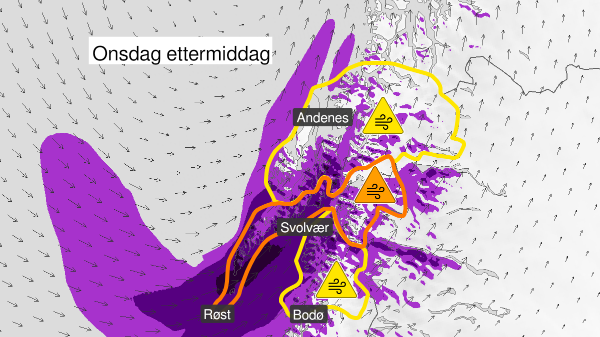 Map of strong wind gusts, yellow level, Nord-Salten, 24 March 11:00 UTC to 24 March 18:00 UTC.