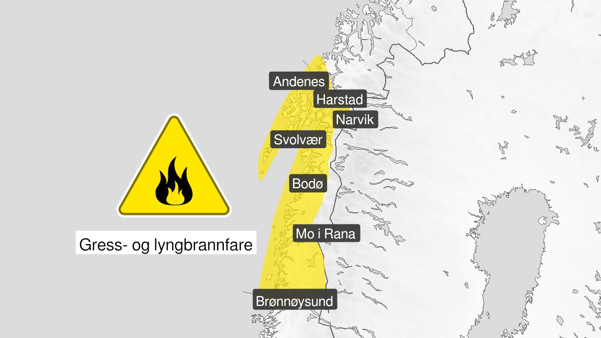 Map over Forest fire danger, yellow level, Areas without snow in parts of Nordland and South-Troms, 2024-04-22T22:00:00+00:00, 2024-04-27T18:00:00+00:00