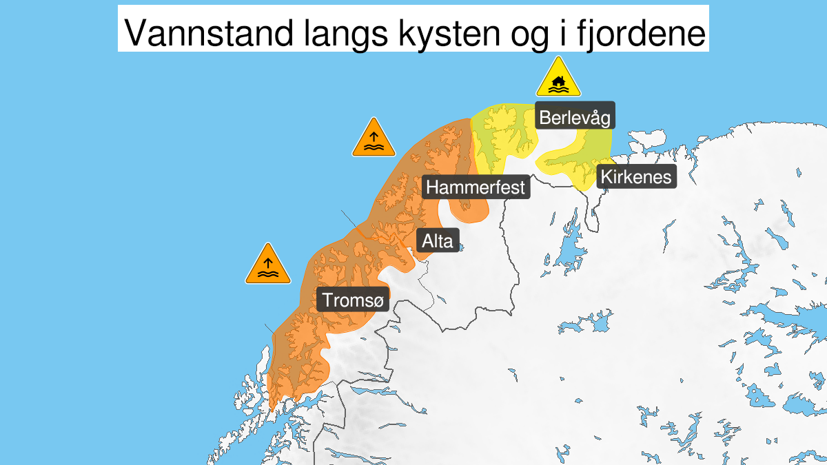 Kart over Svært høy vannstand, oransje nivå, Kyst- og fjordstrøk i Troms, Kyst- og fjordstrøk i Vest-Finnmark, 2024-01-29T13:00:00+00:00, 2024-01-29T17:00:00+00:00