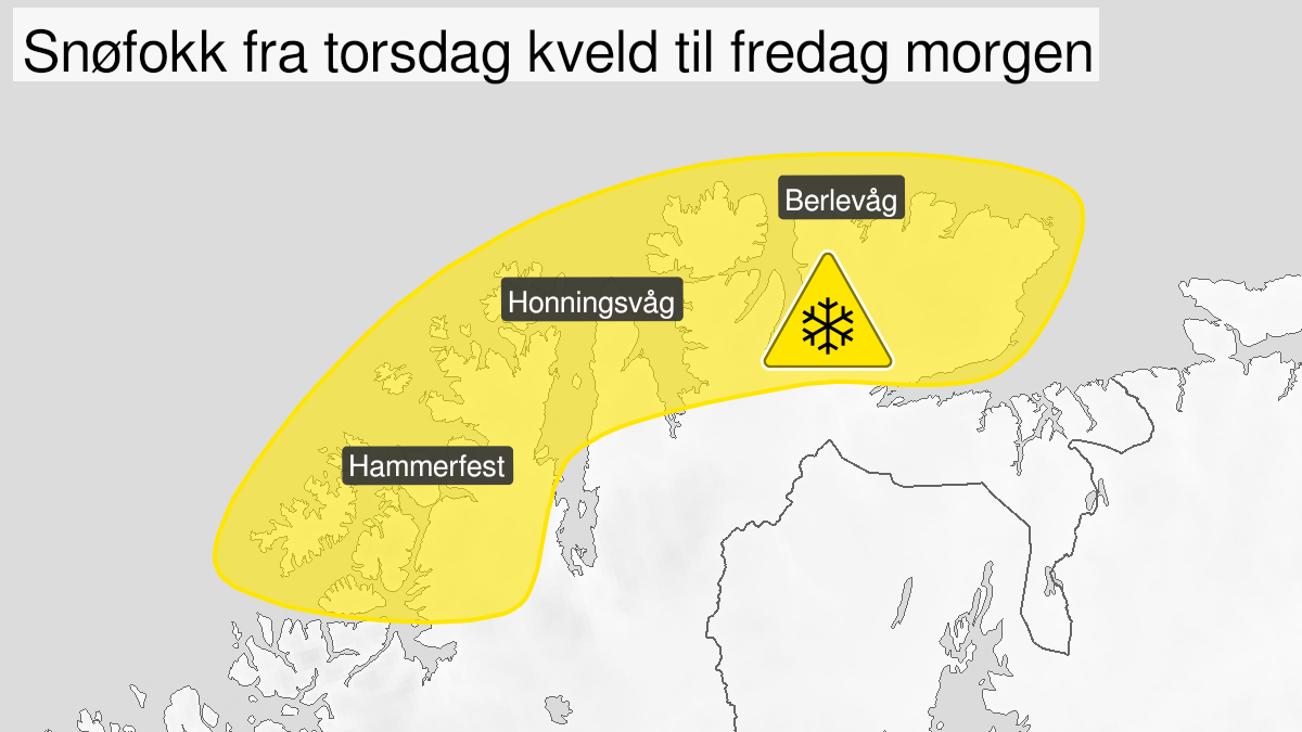 Kart over Kraftig snøfokk, gult nivå, Deler av Finnmark, 2023-03-16T21:00:00+00:00, 2023-03-17T08:00:00+00:00