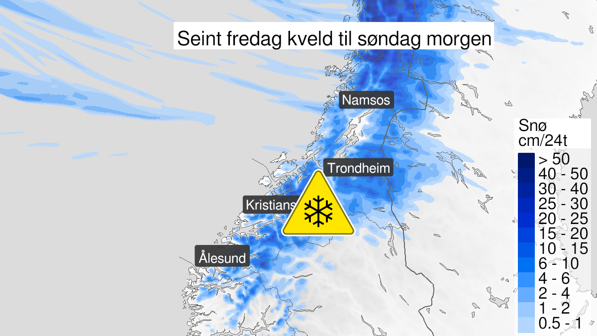 Kart over snø, gult nivå, Møre og Romsdal og Trøndelag, 06 May 21:00 UTC til 08 May 06:00 UTC.