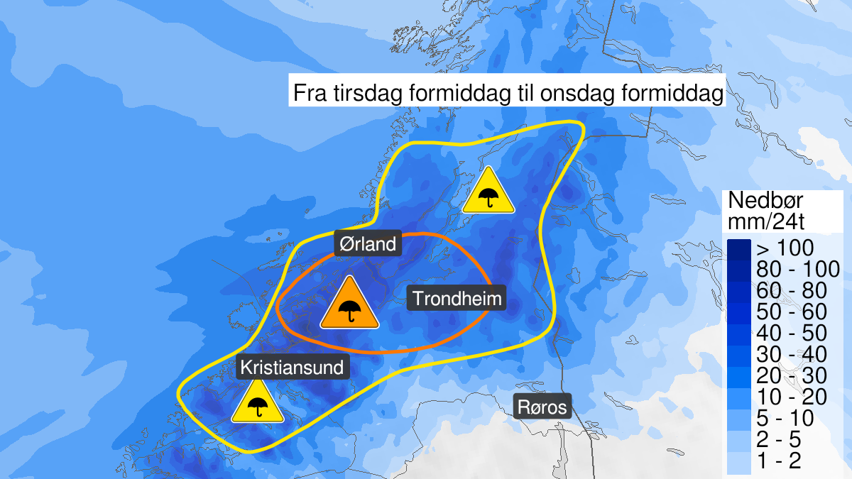 Kart over svært mye regn, oransje nivå, Sør-Trøndelag, 23 November 10:00 UTC til 24 November 10:00 UTC.