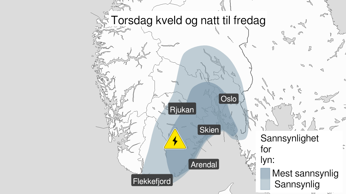 Map over Frequent lightning, yellow level, Agder and parts of Østlandet, 2024-06-27T17:00:00+00:00, 2024-06-28T06:00:00+00:00