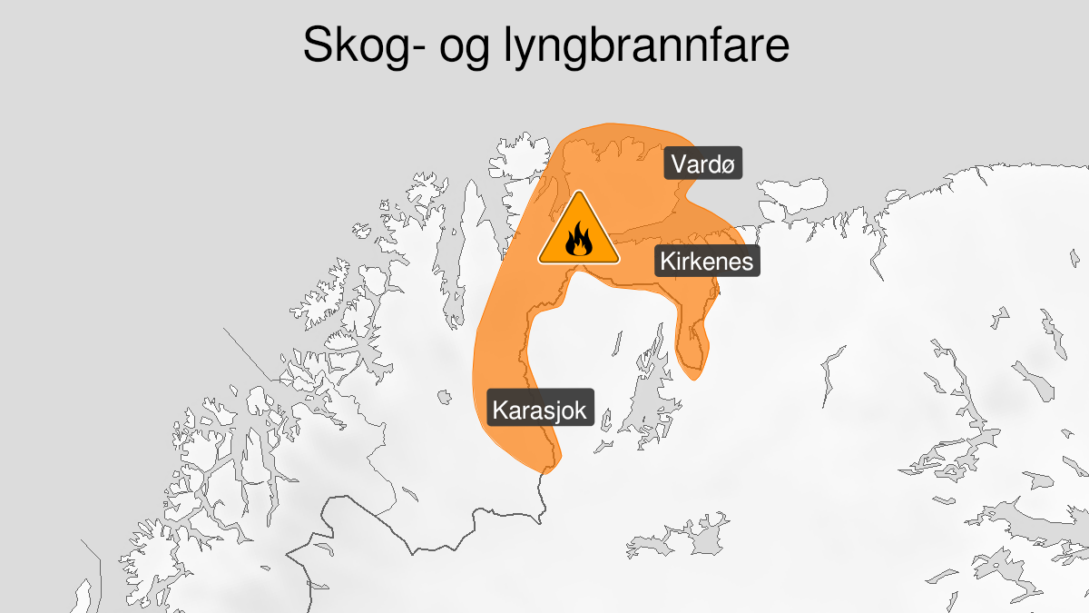 Kart over Stor skogbrannfare, oransje nivå, Østlige deler av Finnmark, 2024-07-30T09:00:00+00:00, 2024-08-01T12:00:00+00:00