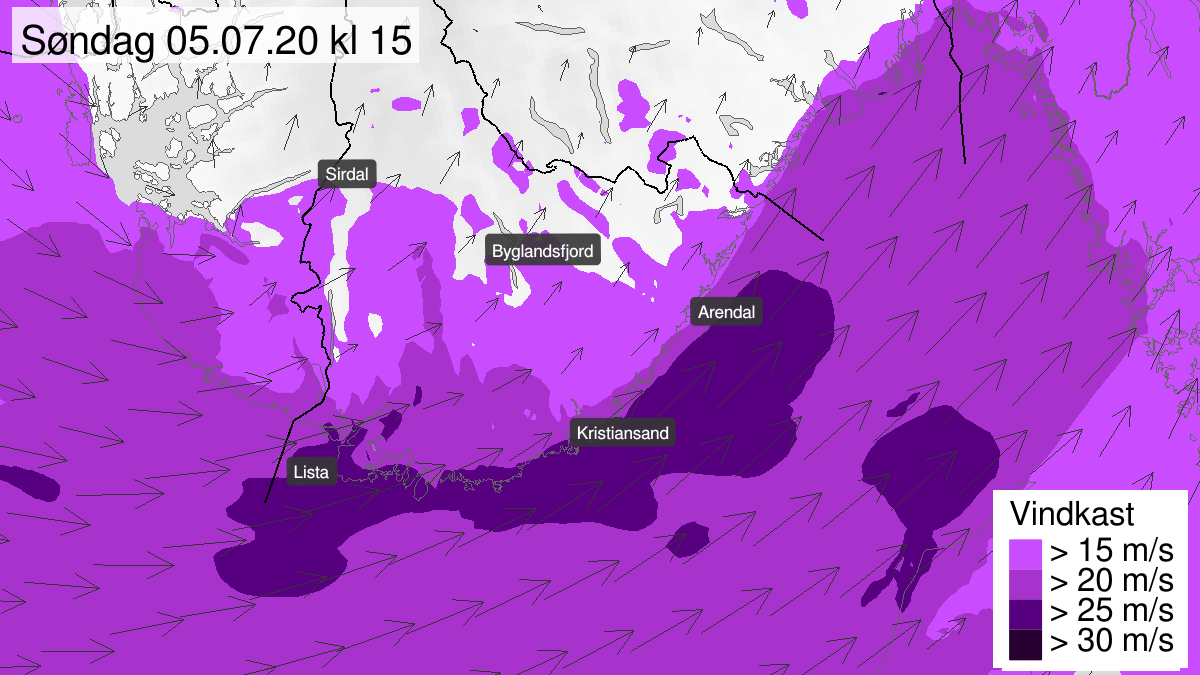 Map of strong wind gusts, yellow level, Agder, 05 July 09:00 UTC to 05 July 22:00 UTC.