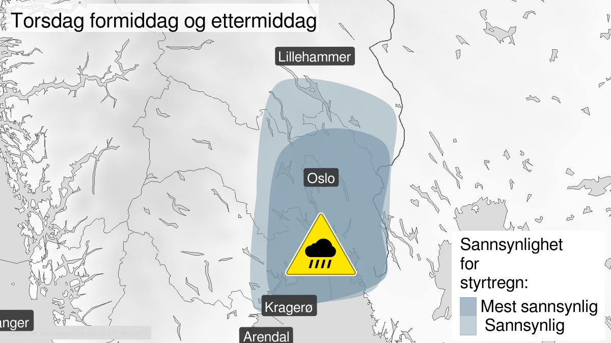 Kart over Styrtregn, gult nivå, Deler av Østlandet, 2023-07-06T09:00:00+00:00, 2023-07-06T18:00:00+00:00