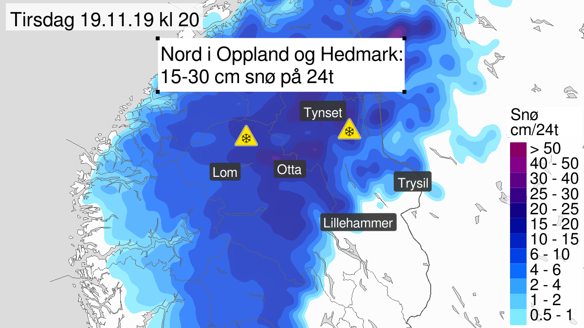 Heavy snow, yellow level, Oppland and Hedmark, 18 November 12:00 UTC to 19 November 18:00 UTC.
