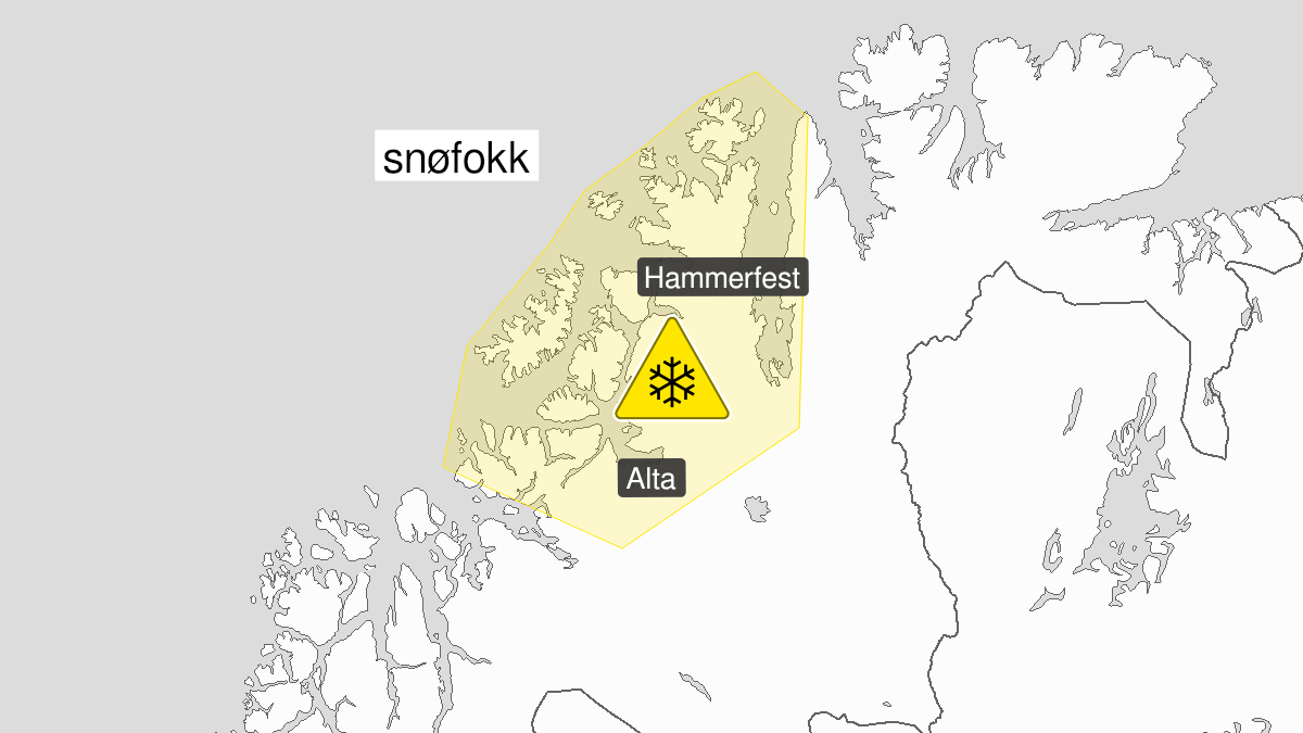 Map of blowing snow, yellow level, Kyst- and fjordstroekene i Vest-Finnmark, 21 November 13:00 UTC to 22 November 01:00 UTC.