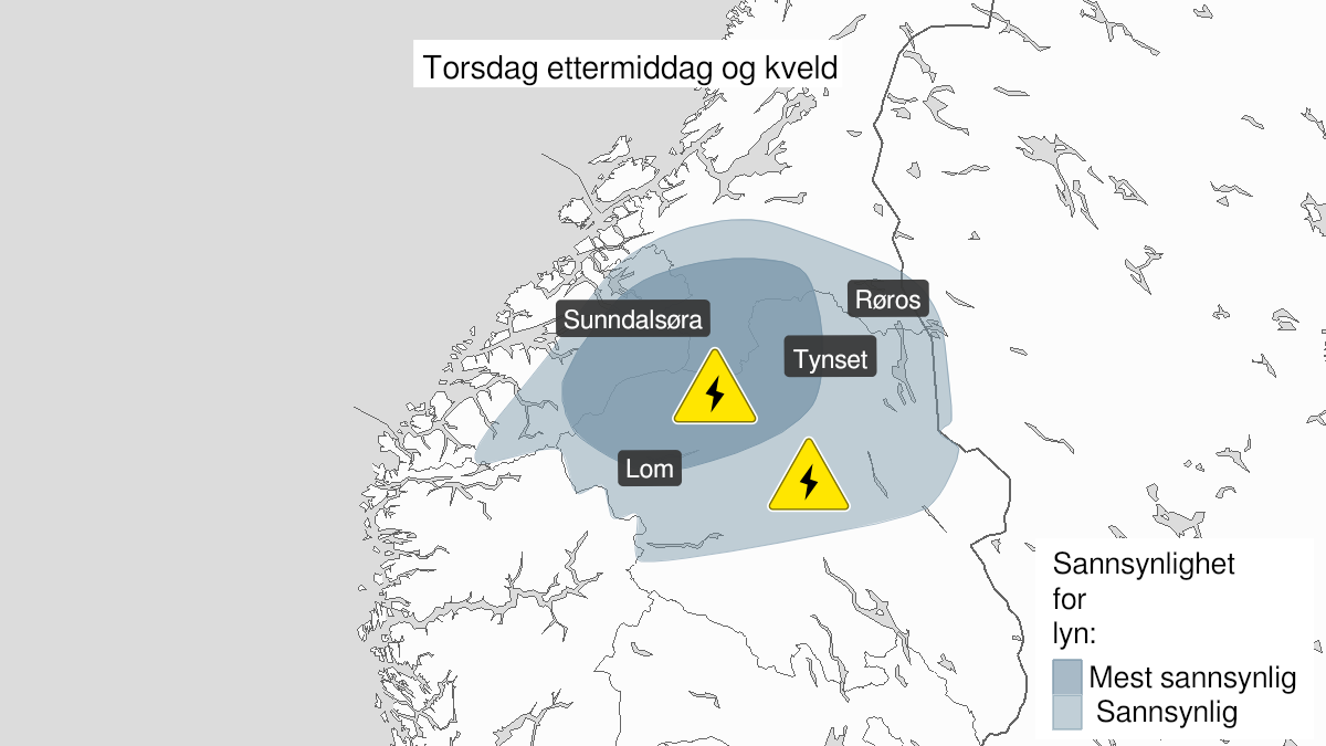 Kart over Nedgradert varsel for mye lyn, Deler av Sør- og Midt-Norge