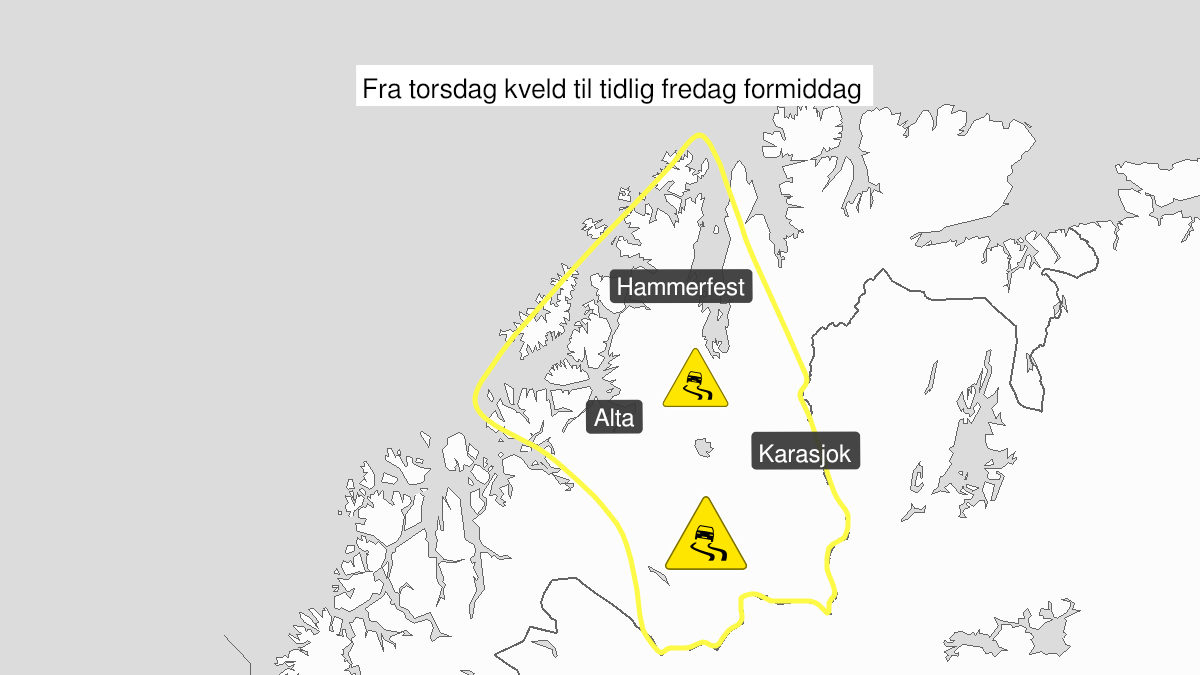 Kart over is observert, gult nivå, Vest-Finnmark med Vidda, 28 October 05:00 UTC til 29 October 06:00 UTC.