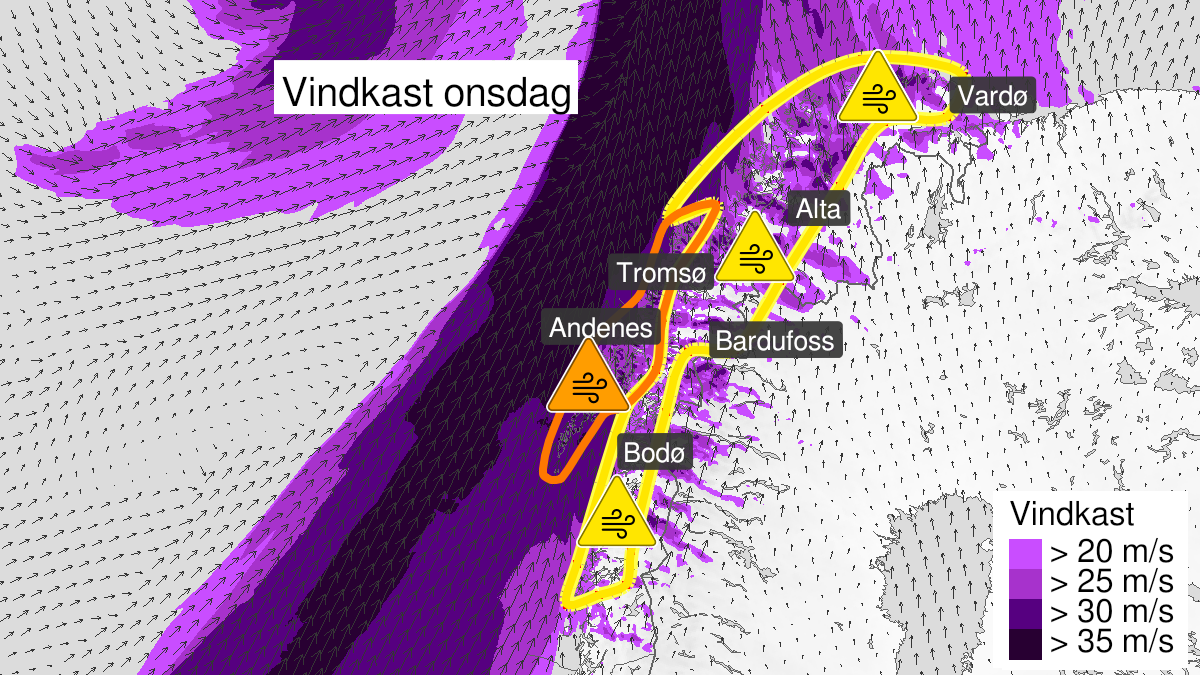 Kart over Svært kraftige vindkast, oransje nivå, Lofoten, Vesterålen og ytre Troms, 2023-02-08T02:00:00+00:00, 2023-02-09T00:00:00+00:00