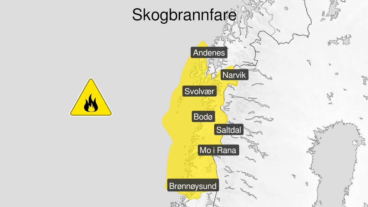 Kart over Skogbrannfare, gult nivå, Nordland, 2024-08-05T06:00:00+00:00, 2024-08-08T15:00:00+00:00