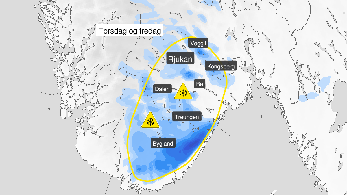 Map over Snow ongoing, yellow level, Parts of Østlandet and Agder, 2022-11-17T12:00:00+00:00, 2022-11-19T00:00:00+00:00