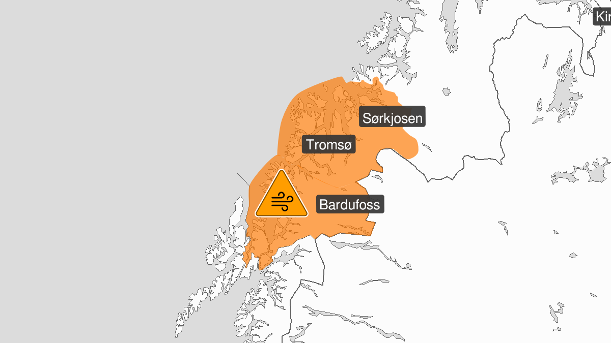 Kart over svært kraftige vindkast, oransje nivå, Troms, 02 January 08:00 UTC til 03 January 06:00 UTC.