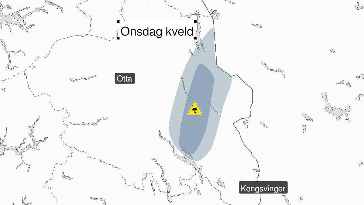 Kart over Styrtregn pågår, gult nivå, Deler av Innlandet fylke øst for Mjøsa, 2022-08-03T16:00:00+00:00, 2022-08-03T18:00:00+00:00