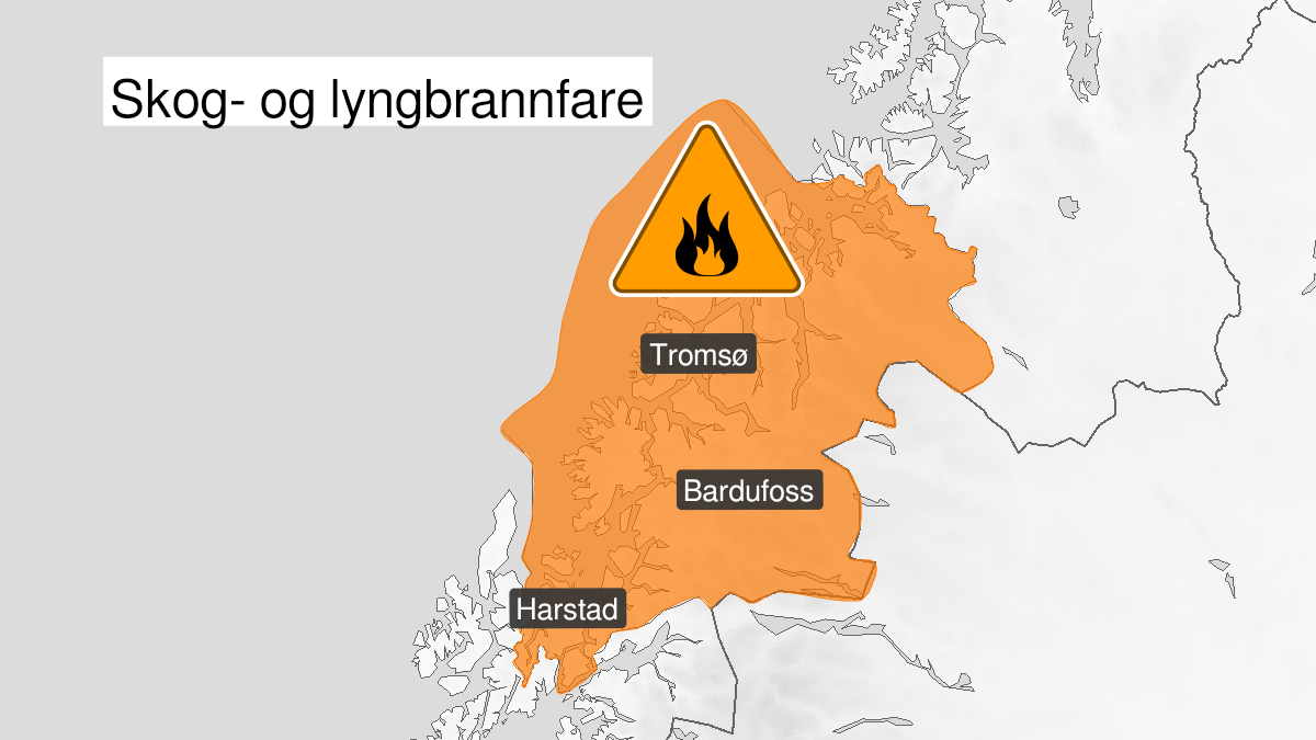 Kart over Stor skogbrannfare, oransje nivå, Troms, 2024-08-06T22:00:00+00:00, 2024-08-15T12:00:00+00:00