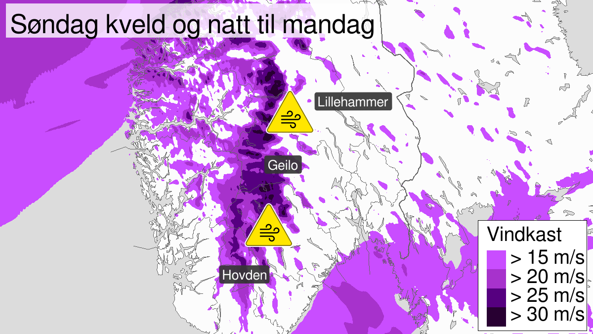 Kraftige vindkast, gult nivå, Agder, Telemark, Buskerud og Oppland, 29 December 16:00 UTC til 30 December 06:00 UTC.