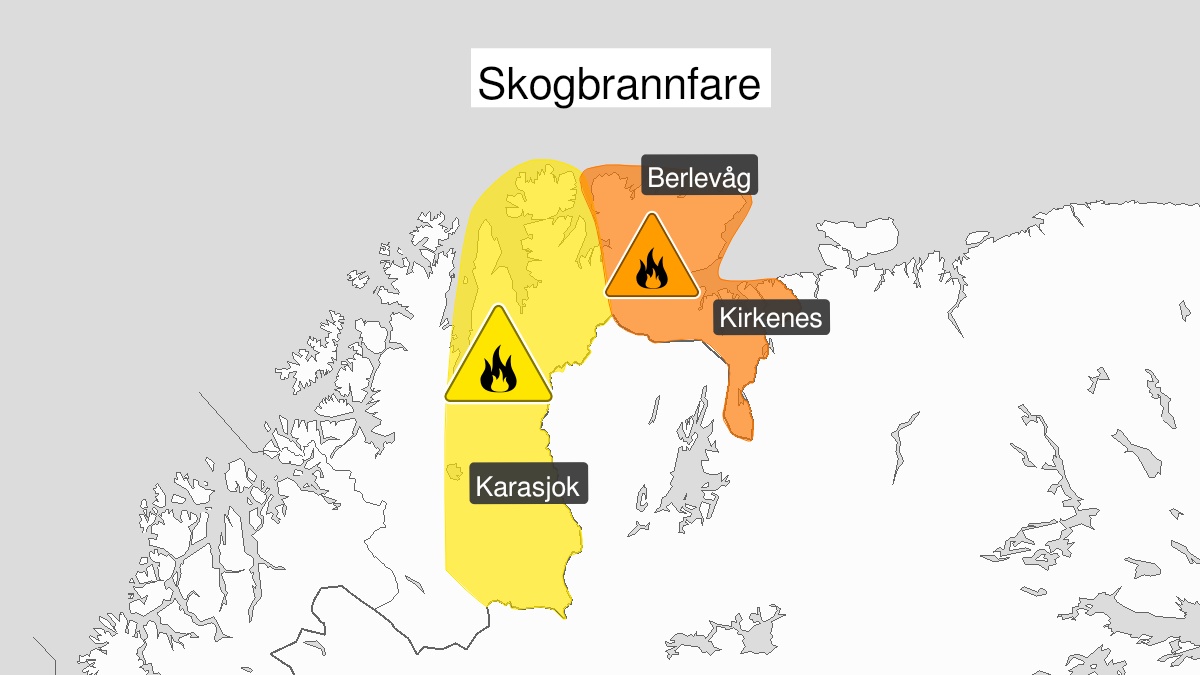 Map over Forest fire danger, yellow level, Parts of East-Finnmark and Finnmarksvidda, 2024-09-07T22:00:00+00:00, 2024-09-13T22:00:00+00:00