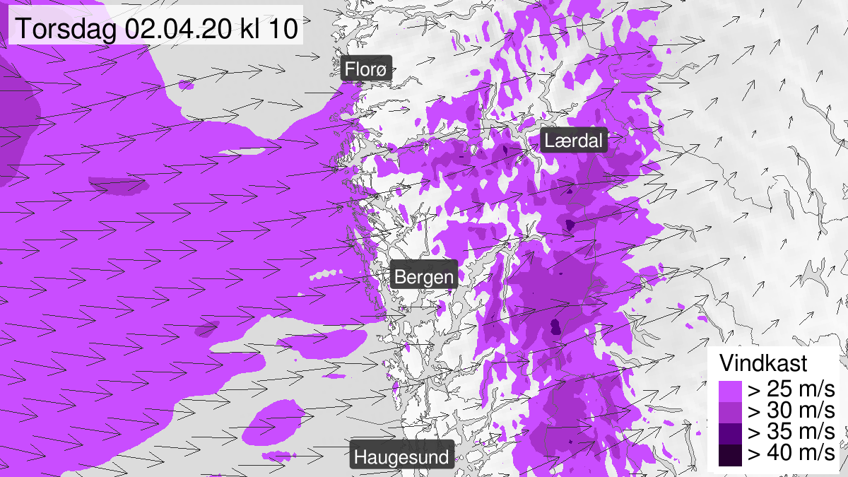 Map of strong wind gusts, yellow level, Hordaland and Sogn and Sunnfjord, 02 April 06:00 UTC to 02 April 16:00 UTC.