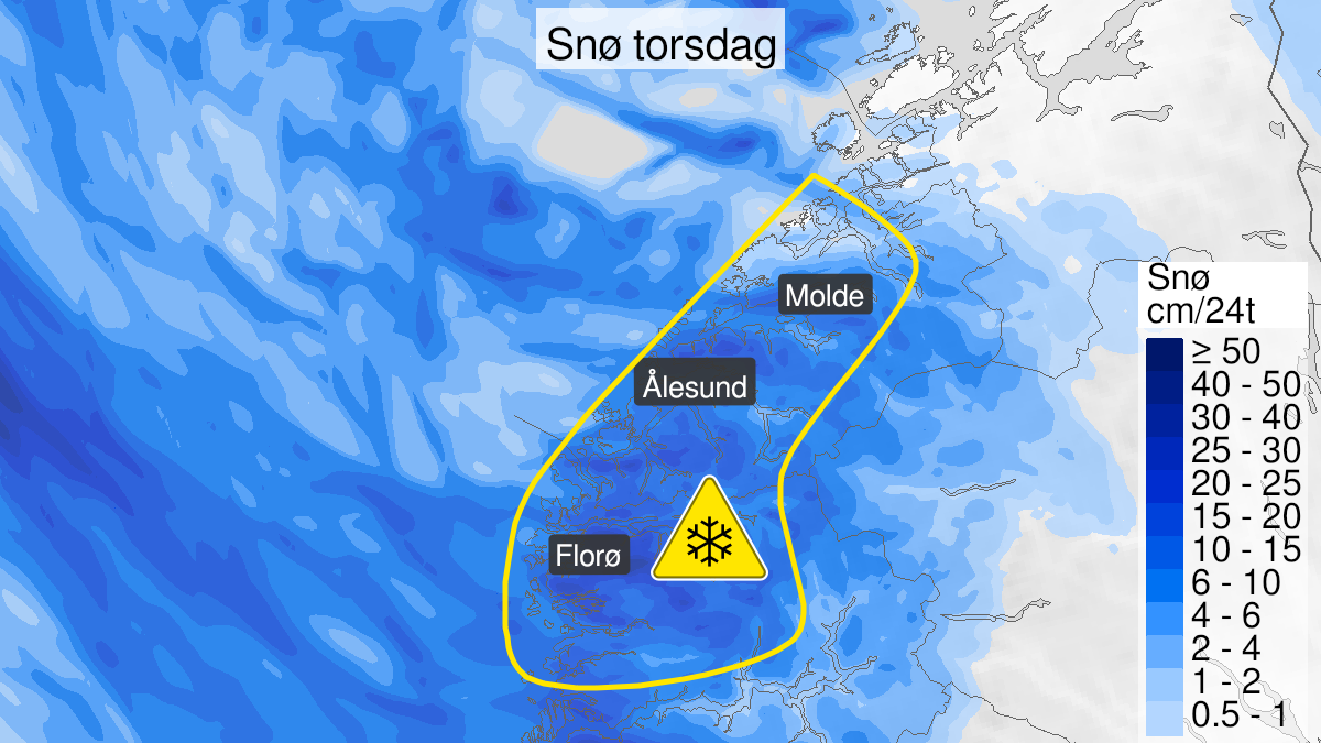 Map over Snow, yellow level, Parts of Møre og Romsdal and Vestland, 2024-01-17T21:00:00+00:00, 2024-01-19T10:00:00+00:00