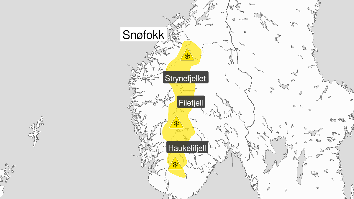 Kart over kraftig snøfokk, gult nivå, Fjellstrøkene Trollheimen - Jotunheimen og Langfjella, 26 January 00:00 UTC til 27 January 15:00 UTC.
