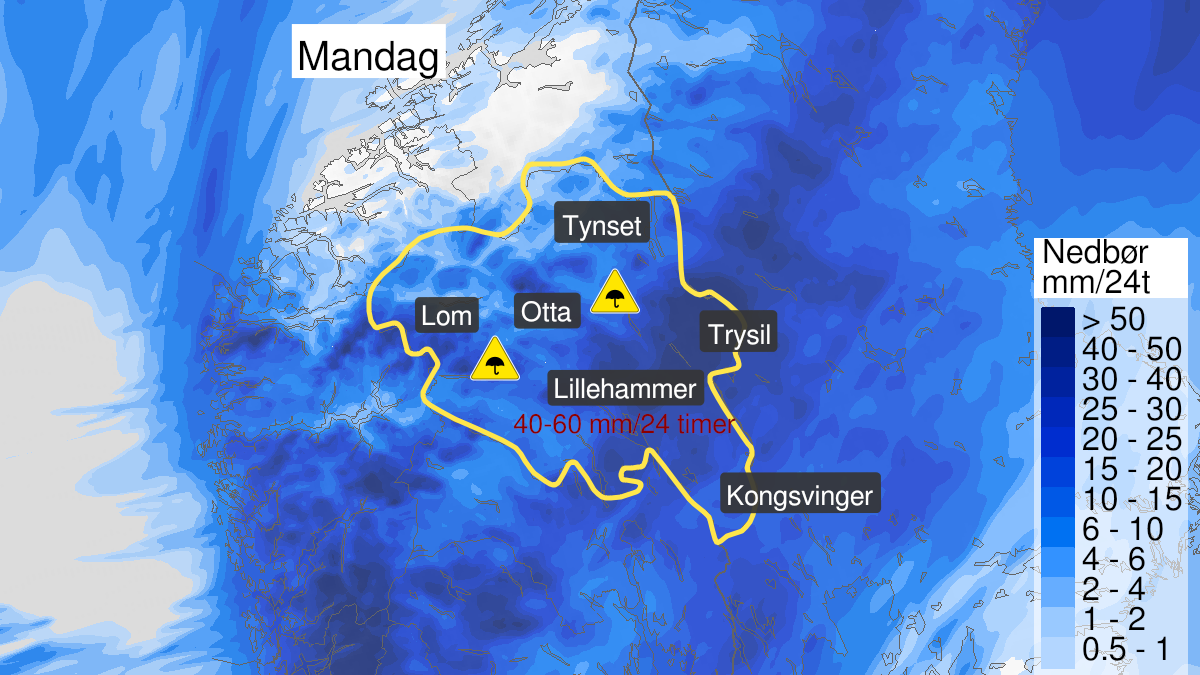 Kart over mye regn, gult nivå, Innlandet fylke, 01 November 19:00 UTC til 02 November 19:00 UTC.