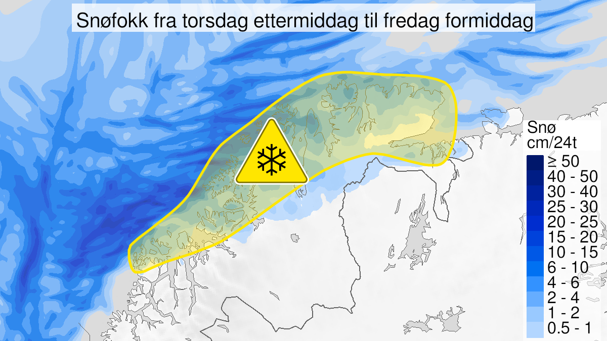 Map over Blowing snow, yellow level, Coastal and fjord areas in Finnmark and parts of Northern Troms., 2023-03-23T12:00:00+00:00, 2023-03-24T10:00:00+00:00