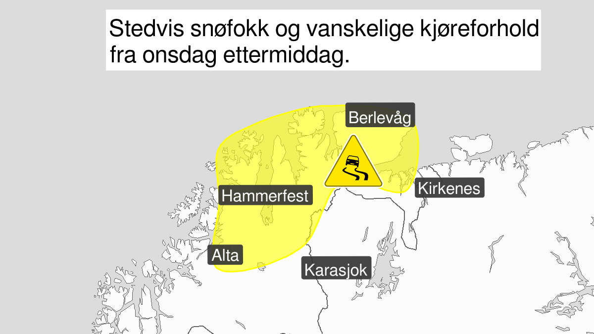 Blowing snow, yellow level, Kyst- and fjordstroekene i Finnmark, 04 March 12:00 UTC to 05 March 12:00 UTC.