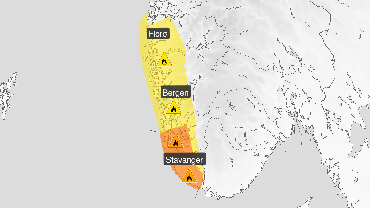Kart over Skogbrannfare, gult nivå, Deler av Vestland og Rogaland, 2024-05-12T06:00:00+00:00, 2024-05-23T18:00:00+00:00