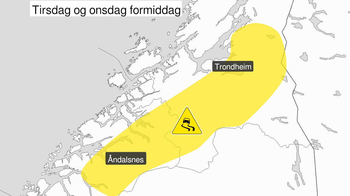 Kart over Is, gult nivå, Indre deler av Møre og Romsdal og Trøndelag, 2024-01-09T11:00:00+00:00, 2024-01-10T10:00:00+00:00
