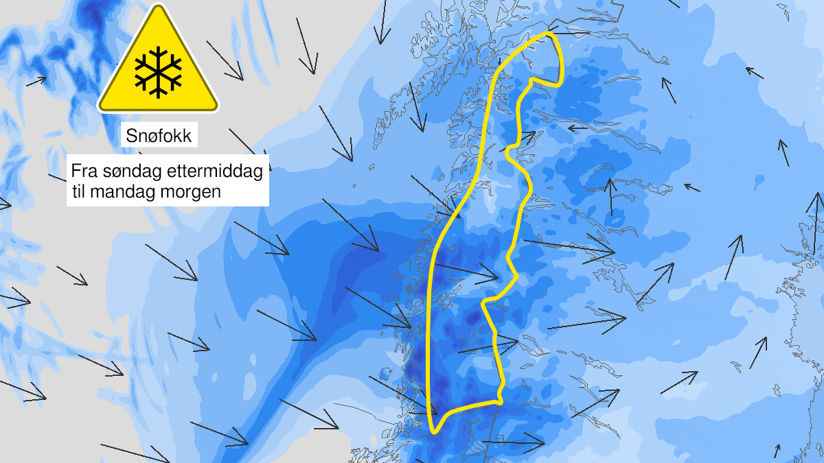 Kart over Kraftig snøfokk, gult nivå, Indre Nordland, 2023-03-19T16:00:00+00:00, 2023-03-20T08:00:00+00:00