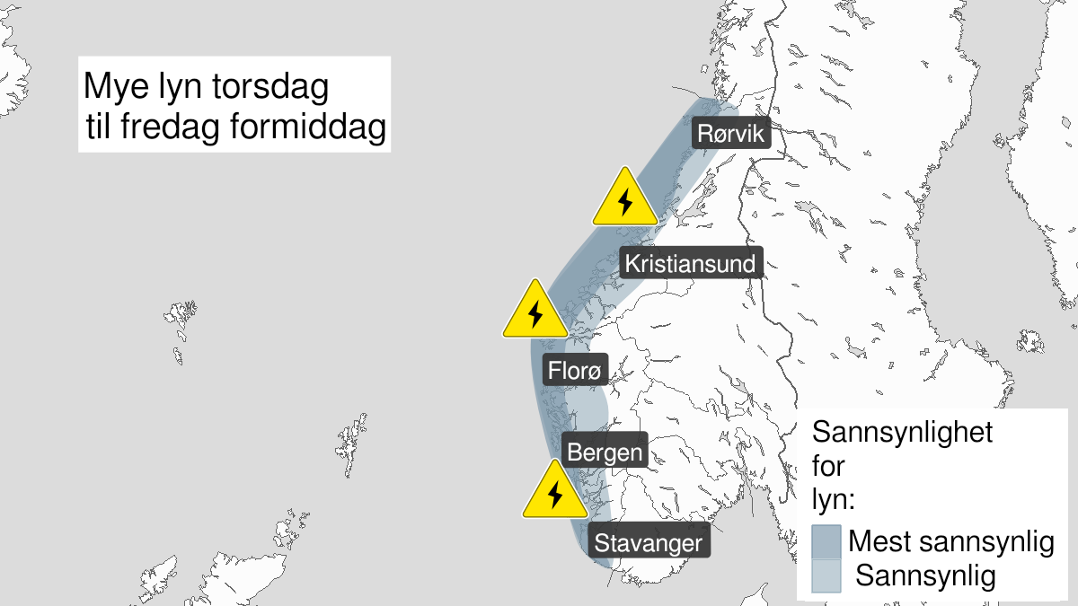 Kart over mye lyn, gult nivå, Vestlandet og Trøndelag, 24 February 08:00 UTC til 25 February 08:00 UTC.