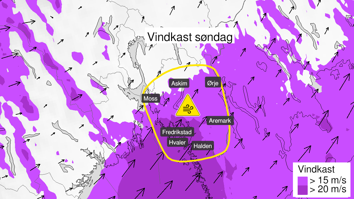 Kart over Kraftige vindkast, gult nivå, Deler av Østfold, 2024-07-07T07:00:00+00:00, 2024-07-07T18:00:00+00:00