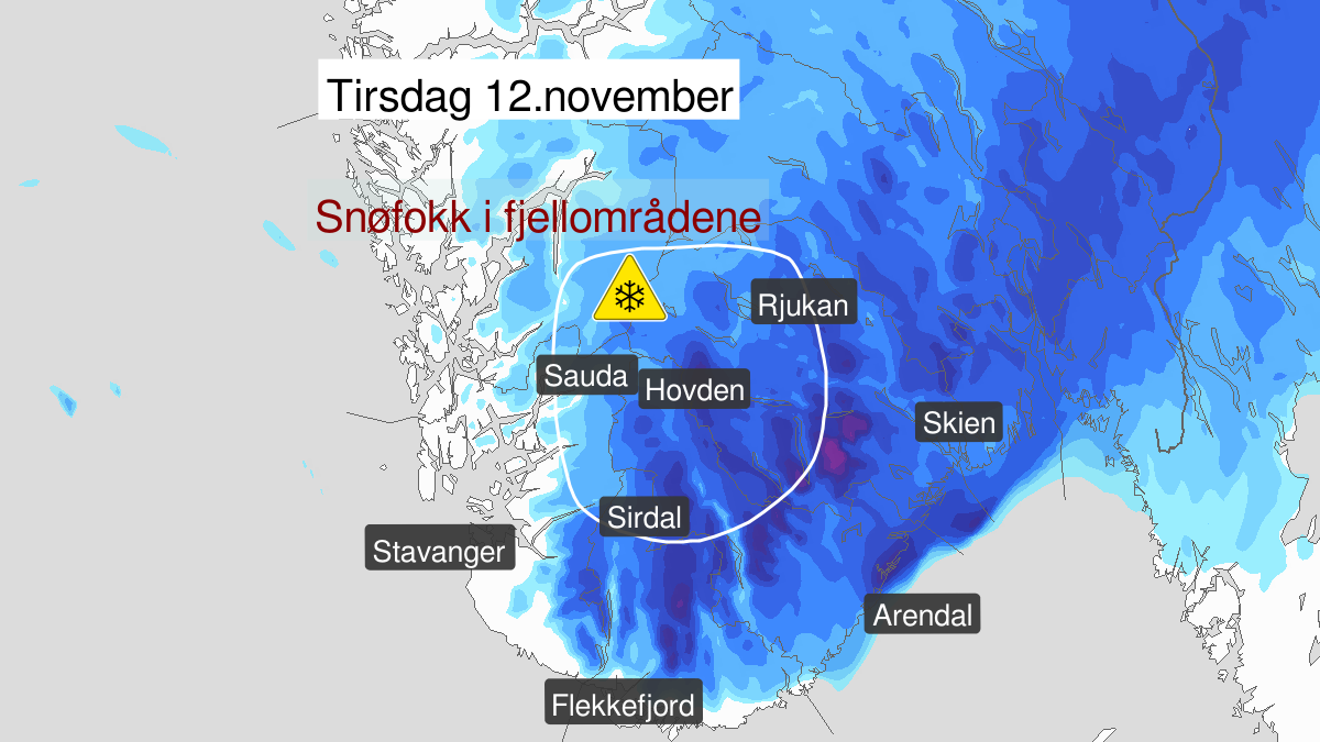 Blowing snow, yellow level, Langfjella soer for Finse, 11 November 23:00 UTC to 12 November 17:00 UTC.