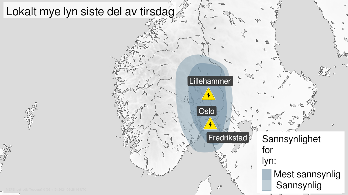 Map over Frequent lightning, yellow level, Parts of Oestlandet, 2024-05-28T15:00:00+00:00, 2024-05-28T22:00:00+00:00