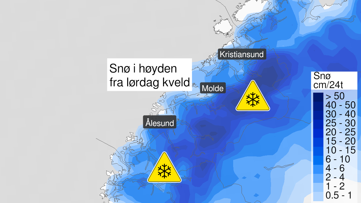 Map of snow, yellow level, Indre Sunnfjord, Nordfjord and Møre og Romsdal, 17 October 16:00 UTC to 18 October 22:00 UTC.