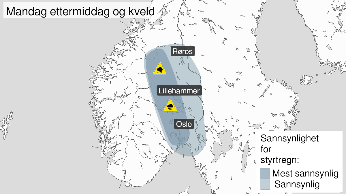 Kart over Styrtregn, gult nivå, Østlandet, 2022-06-27T11:00:00+00:00, 2022-06-28T04:00:00+00:00