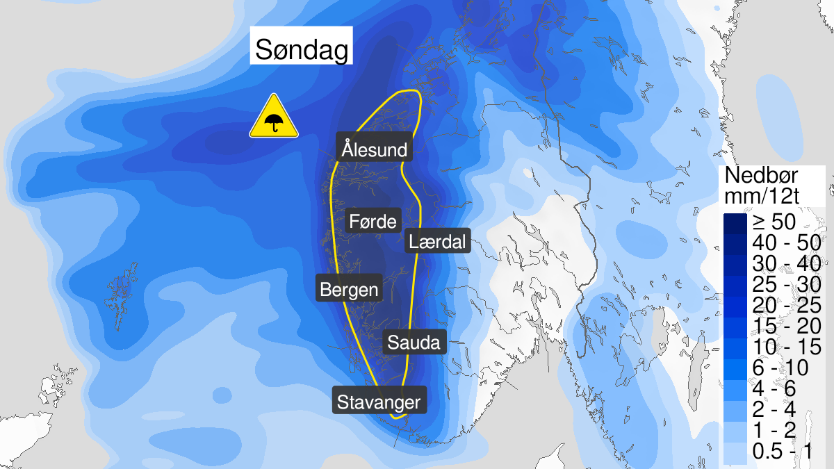 Kart over Mye regn, gult nivå, Store deler av Vestlandet, 2023-01-29T05:00:00+00:00, 2023-01-29T18:00:00+00:00