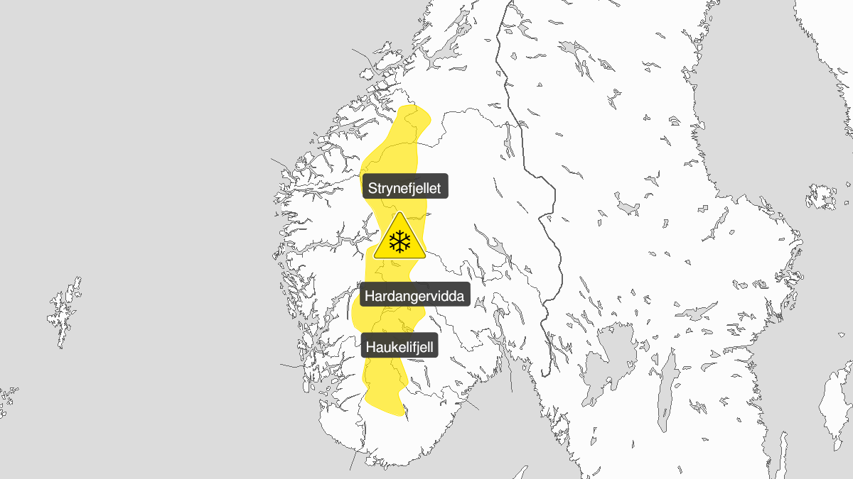 Kart over kraftig snøfokk, gult nivå, Fjellet i Sør-Norge, 04 February 11:00 UTC til 06 February 22:00 UTC.