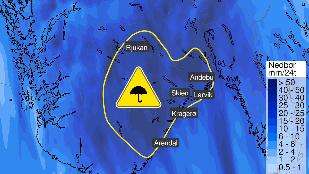 Map of heavy rain, yellow level, Vestfold, Telemark and Aust-Agder, 27 September 10:00 UTC to 28 September 05:00 UTC.