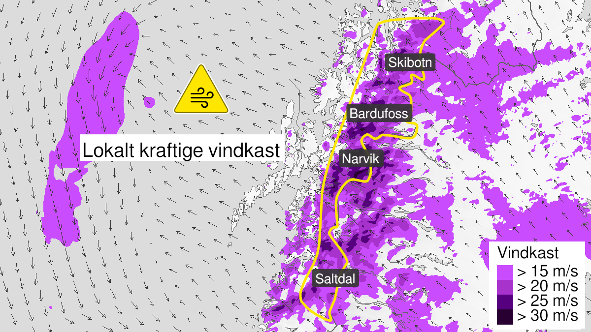 Kart over Kraftige vindkast, gult nivå, Indre strøk av Nordland og indre strøk av Troms, 2024-09-10T10:00:00+00:00, 2024-09-10T23:00:00+00:00